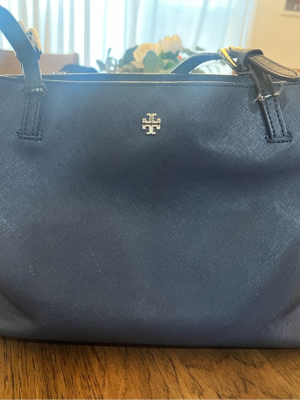 Tory Burch Navy Saffiano Leather Tote with Gold Emblem